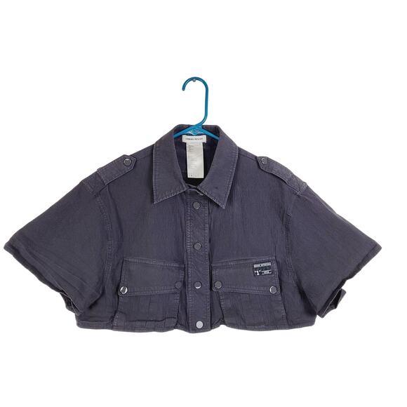 Urban Revivo womens black snap button cropped short sleeve military shirt size 8 - Picture 1 of 8